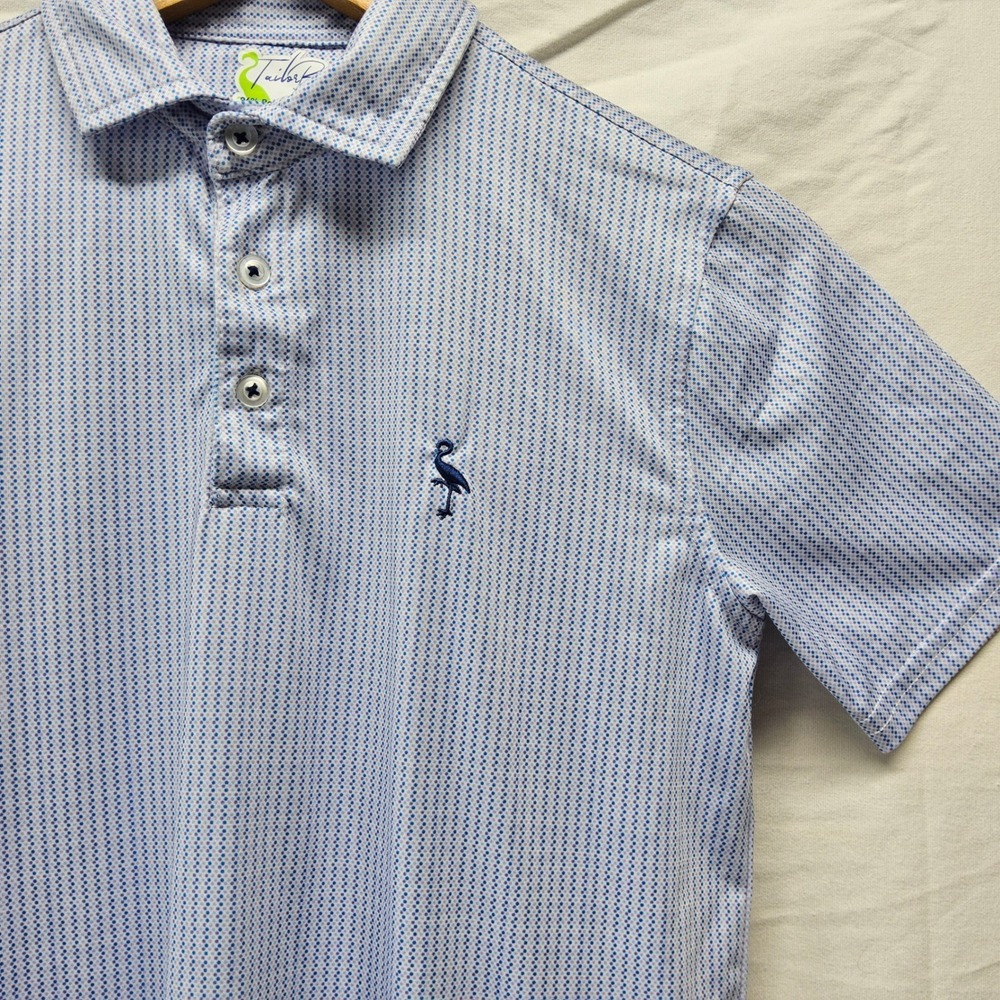 TailorByrd Performance Polo Boy Size M 10-12 Blue White Micro Print Short Sleeve